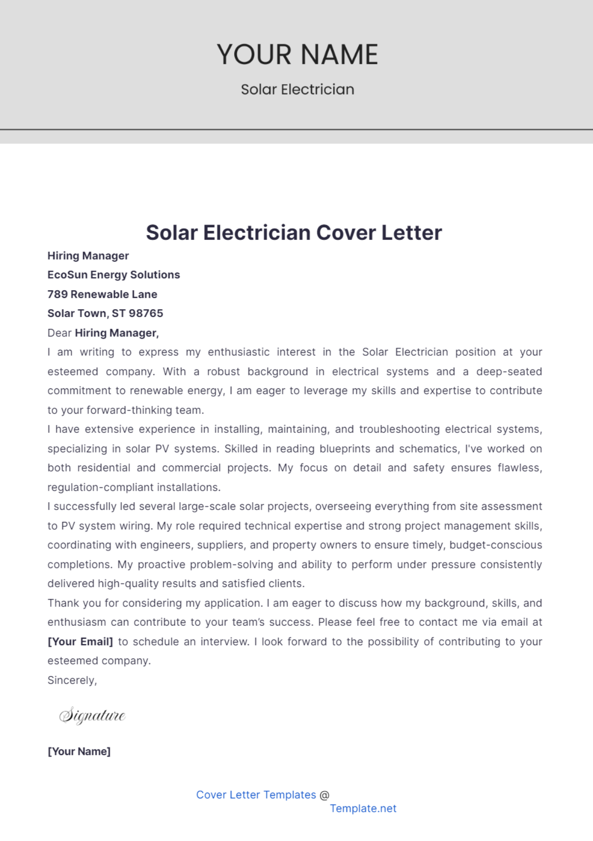 Solar Electrician Cover Letter - Edit Online & Download