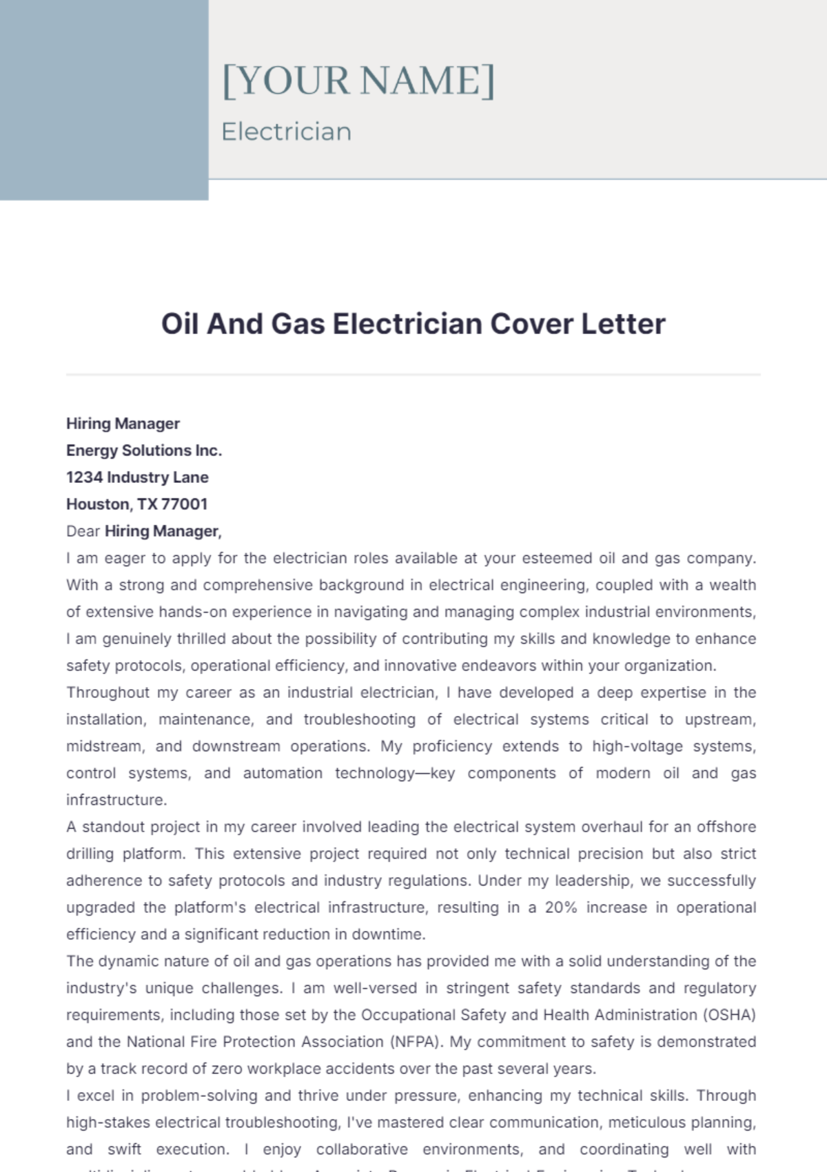 Oil And Gas Electrician Cover Letter - Edit Online & Download