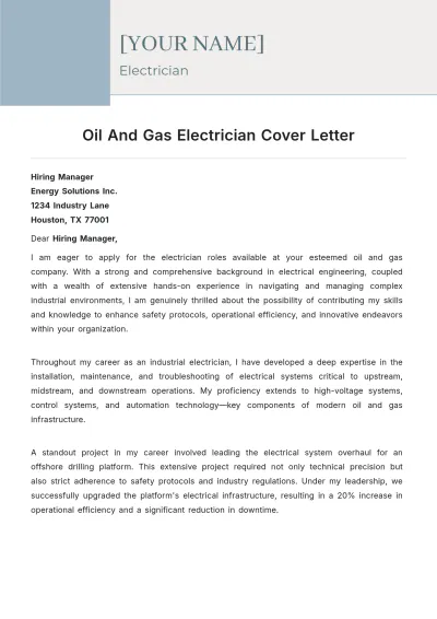 Free Oil And Gas Electrician Cover Letter to Edit Online