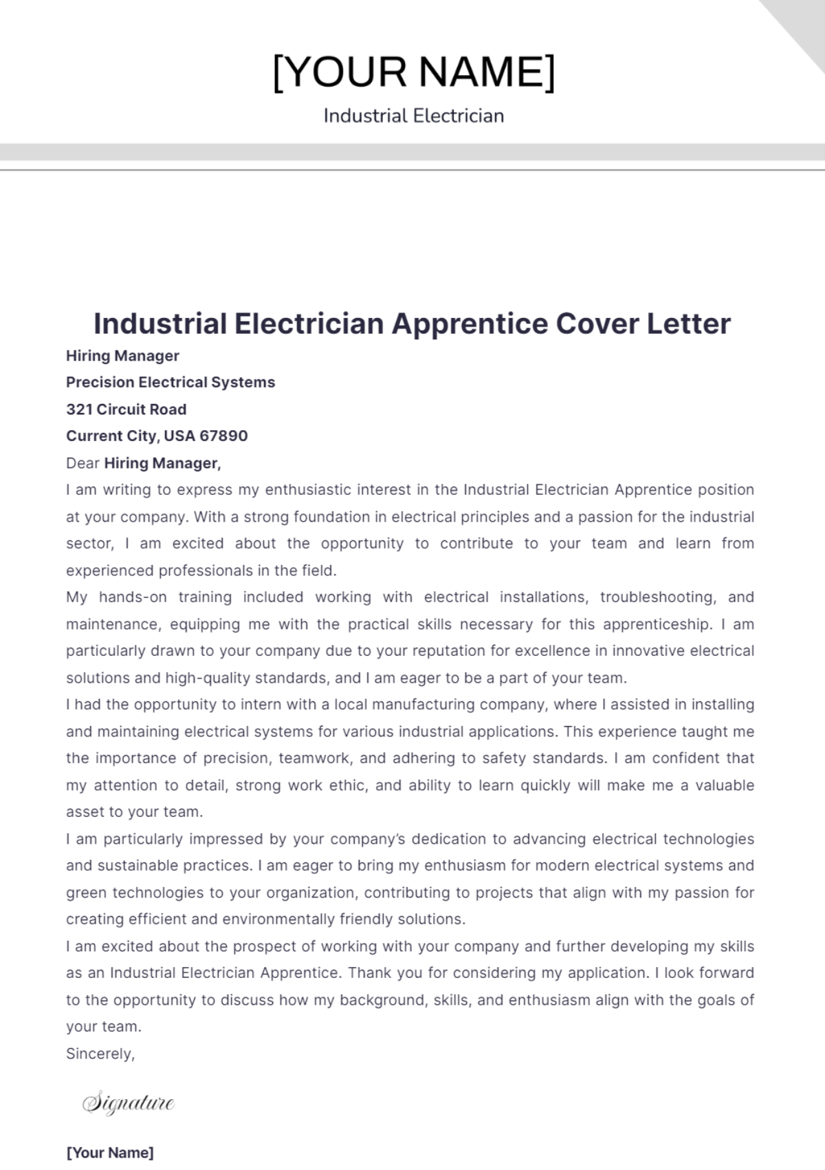 Industrial Electrician Apprentice Cover Letter - Edit Online & Download