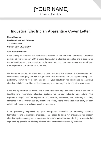Free Industrial Electrician Apprentice Cover Letter to Edit Online