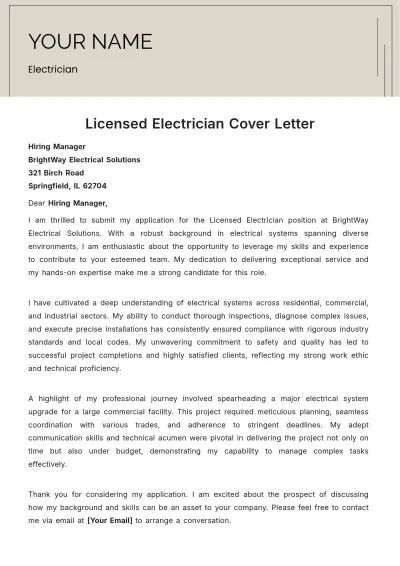 Free Licensed Electrician Cover Letter to Edit Online