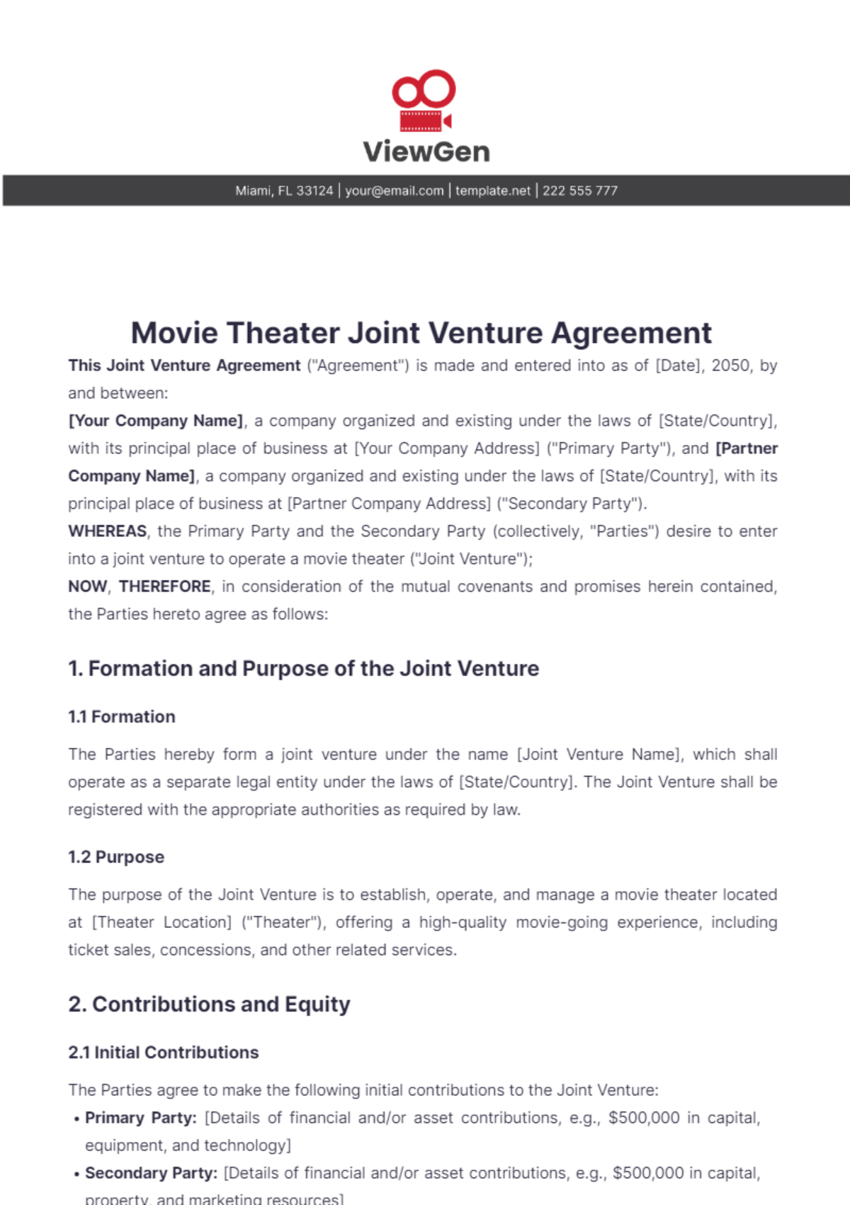 Movie Theater Joint Venture Agreement Template - Edit Online & Download