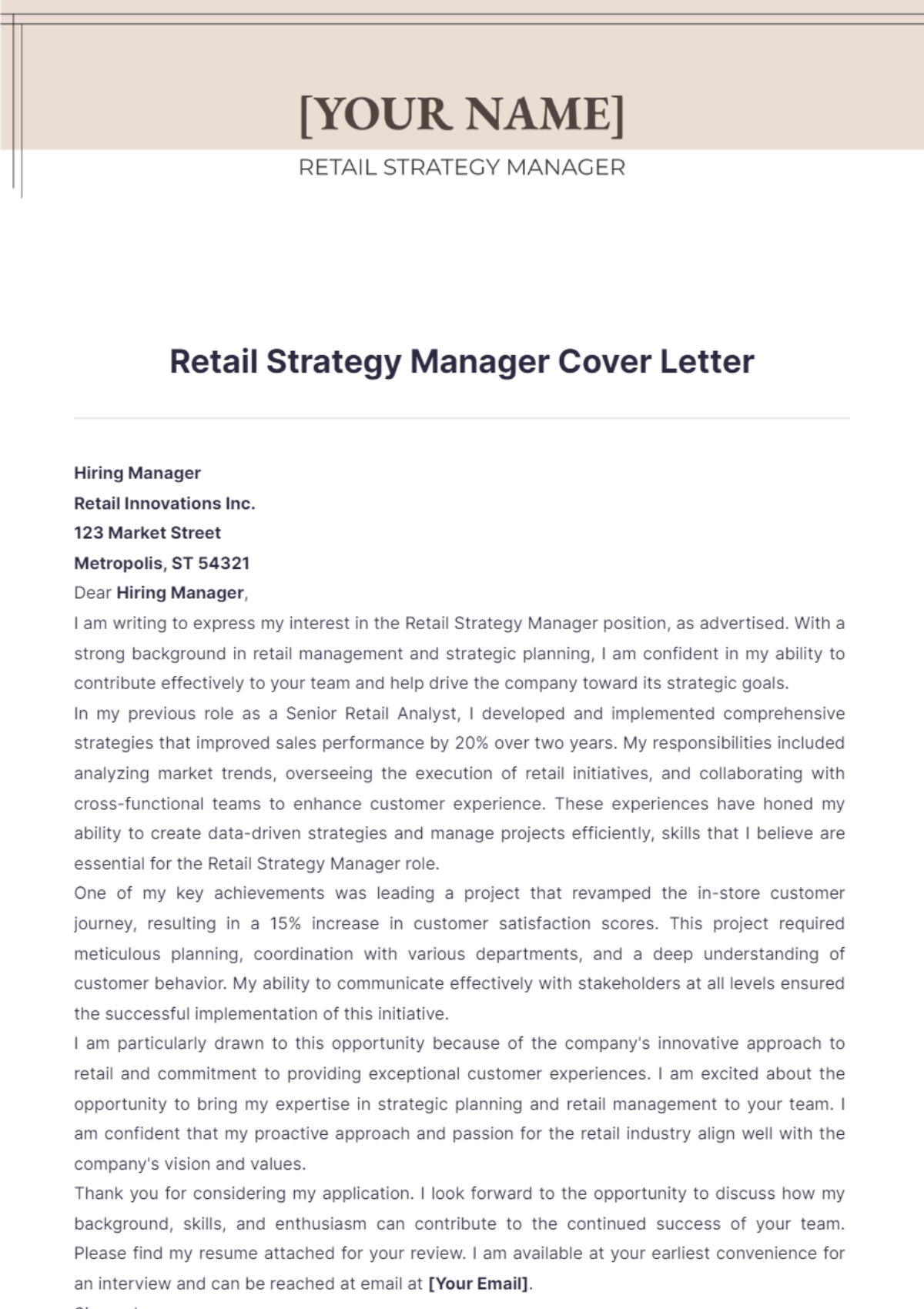 Retail Strategy Manager Cover Letter - Edit Online & Download