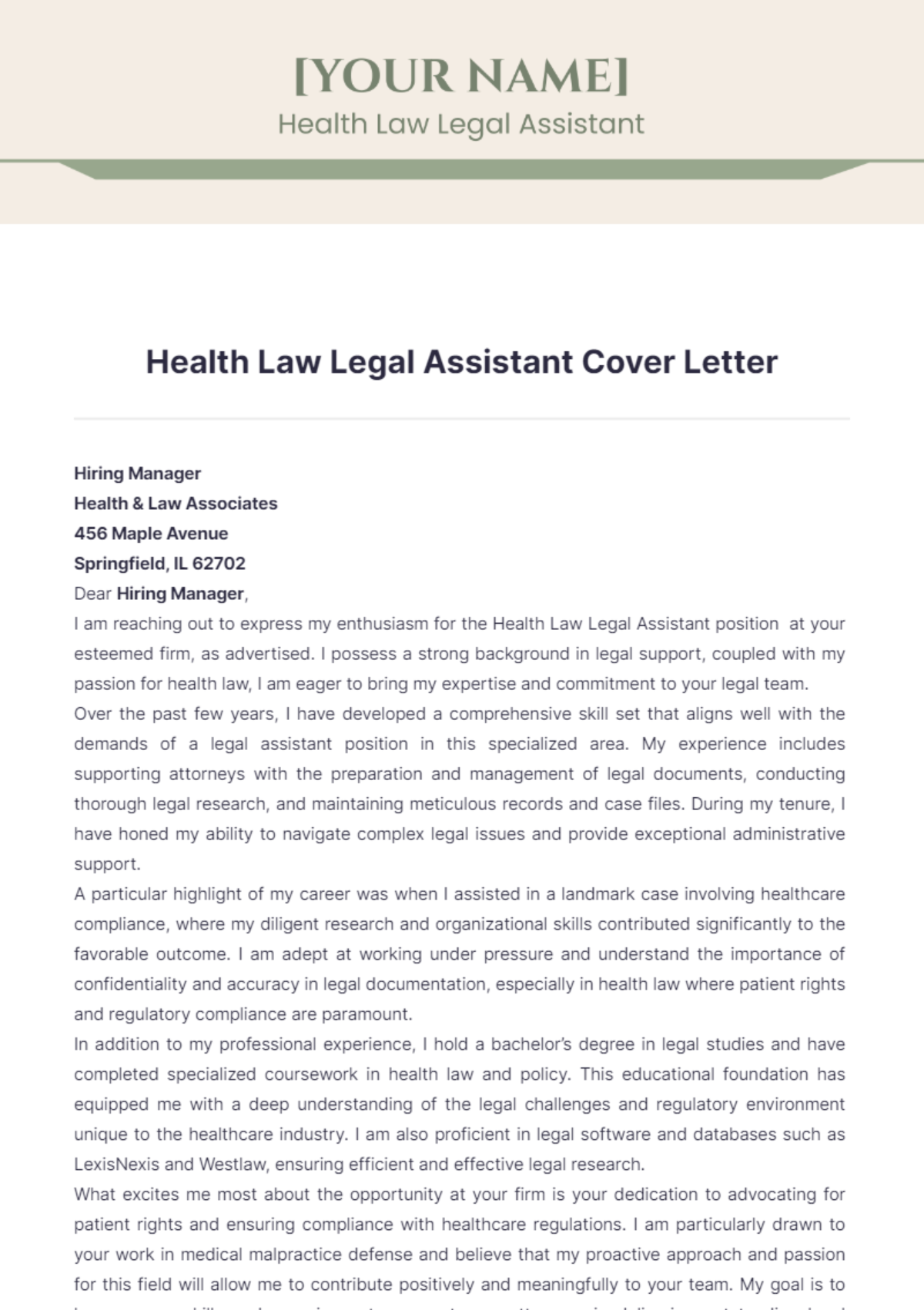 Health Law Legal Assistant Cover Letter - Edit Online & Download