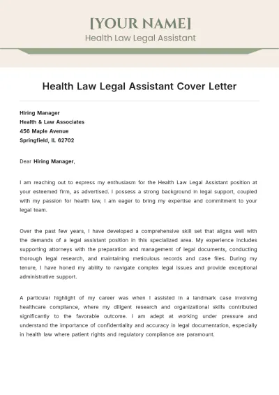 Free Health Law Legal Assistant Cover Letter to Edit Online