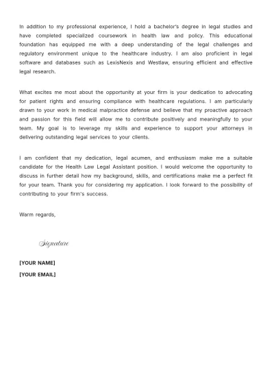 Free Health Law Legal Assistant Cover Letter to Edit Online