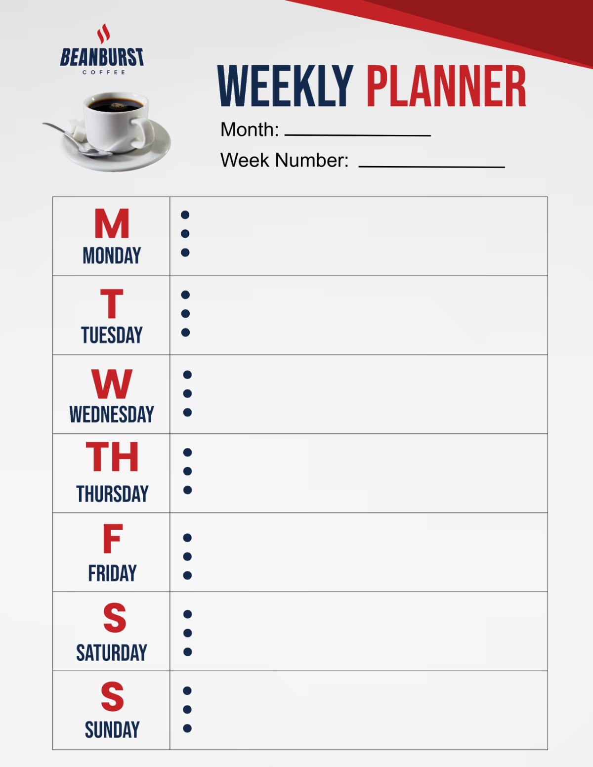 Cafe Weekly Planner