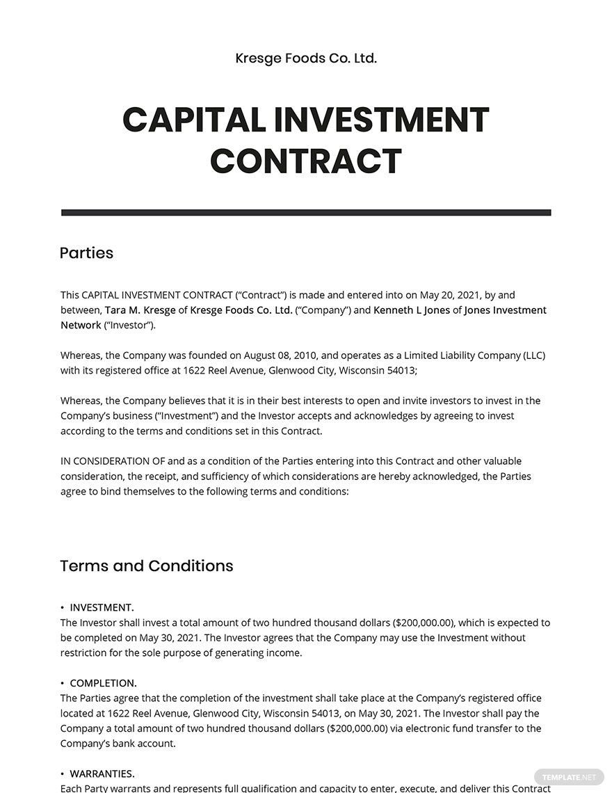 Capital Investment contract Template
