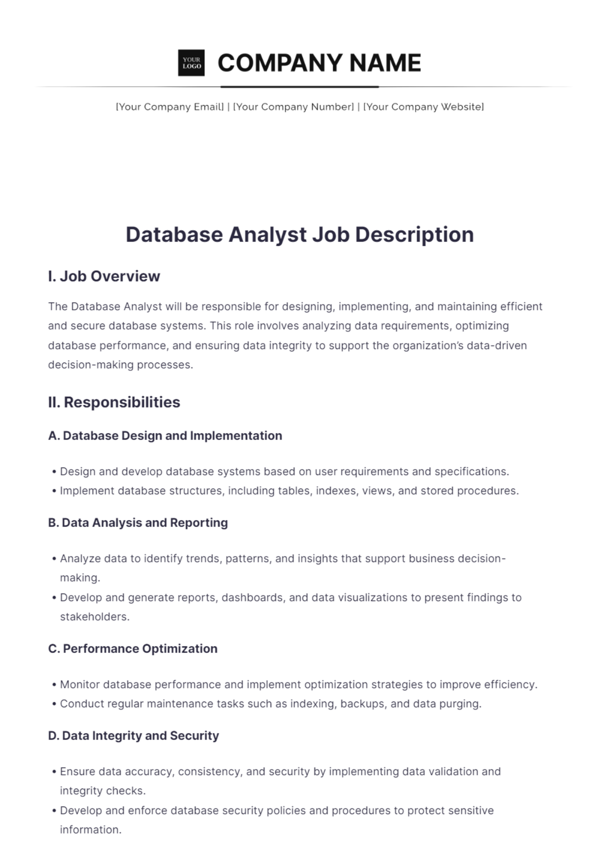 Database Analyst Job Description Template - Edit Online & Download