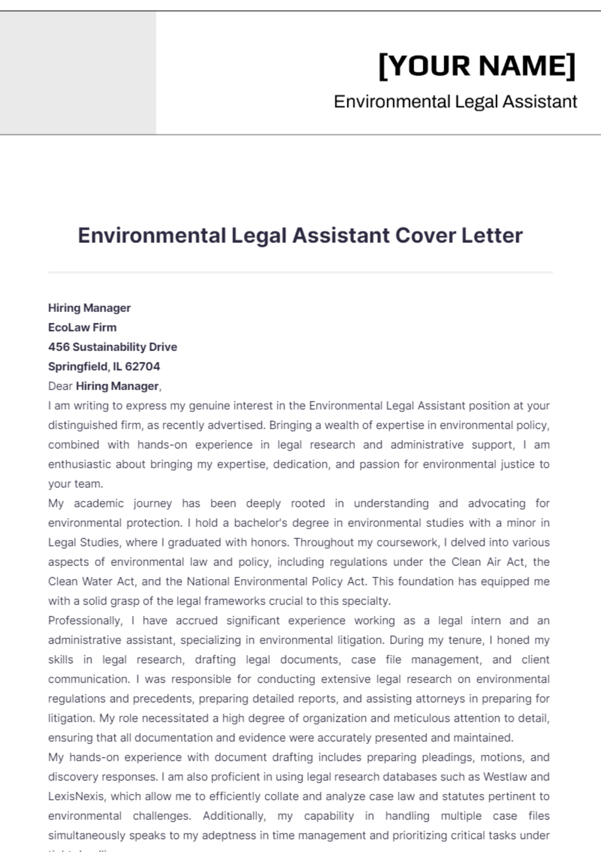 Environmental Legal Assistant Cover Letter - Edit Online & Download