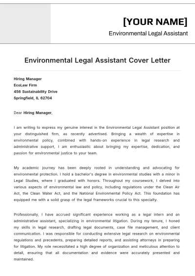 Free Environmental Legal Assistant Cover Letter to Edit Online