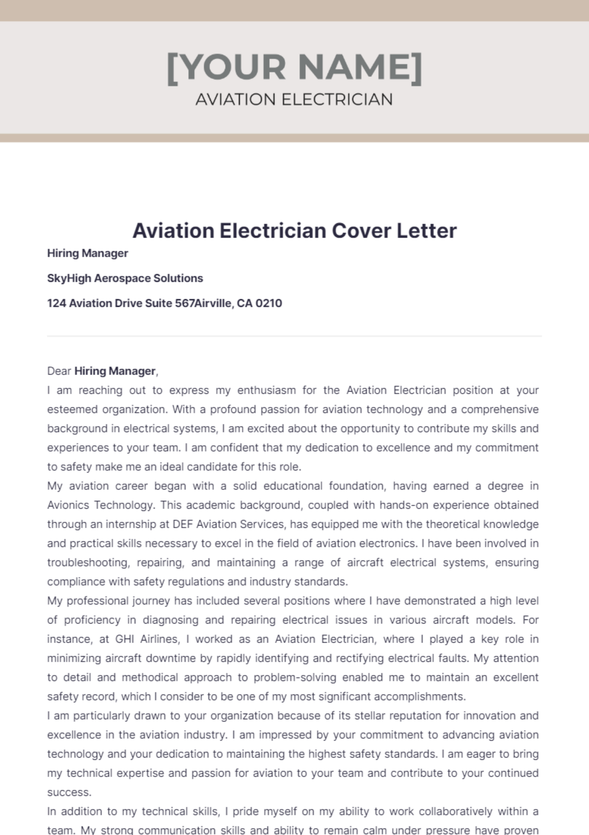 Aviation Electrician Cover Letter - Edit Online & Download