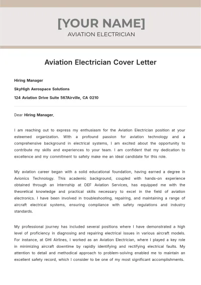 Free Aviation Electrician Cover Letter to Edit Online