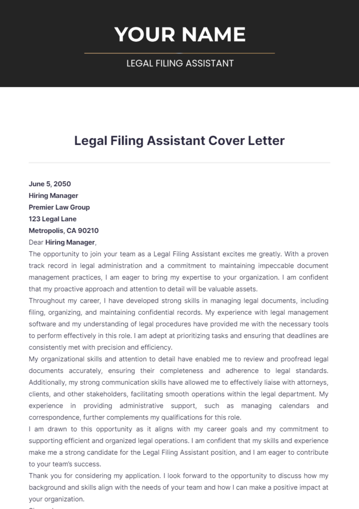 Legal Filing Assistant Cover Letter - Edit Online & Download