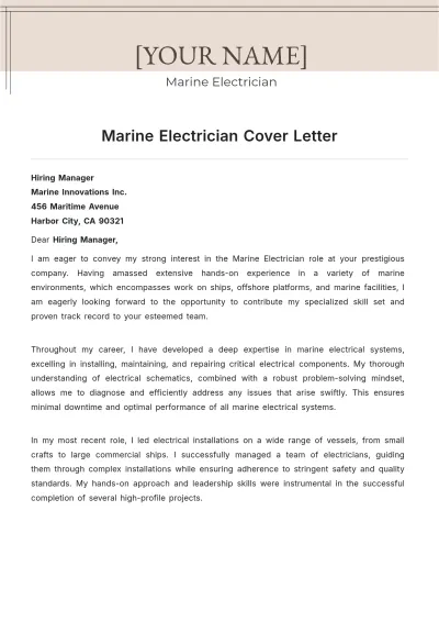 Free Marine Electrician Cover Letter to Edit Online