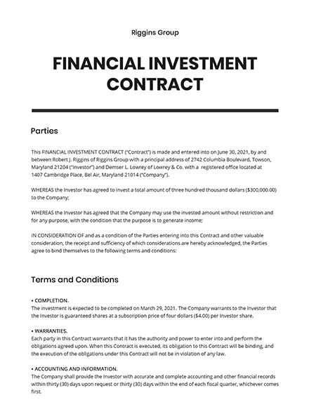 Free Investment Contract Templates In Microsoft Word Doc