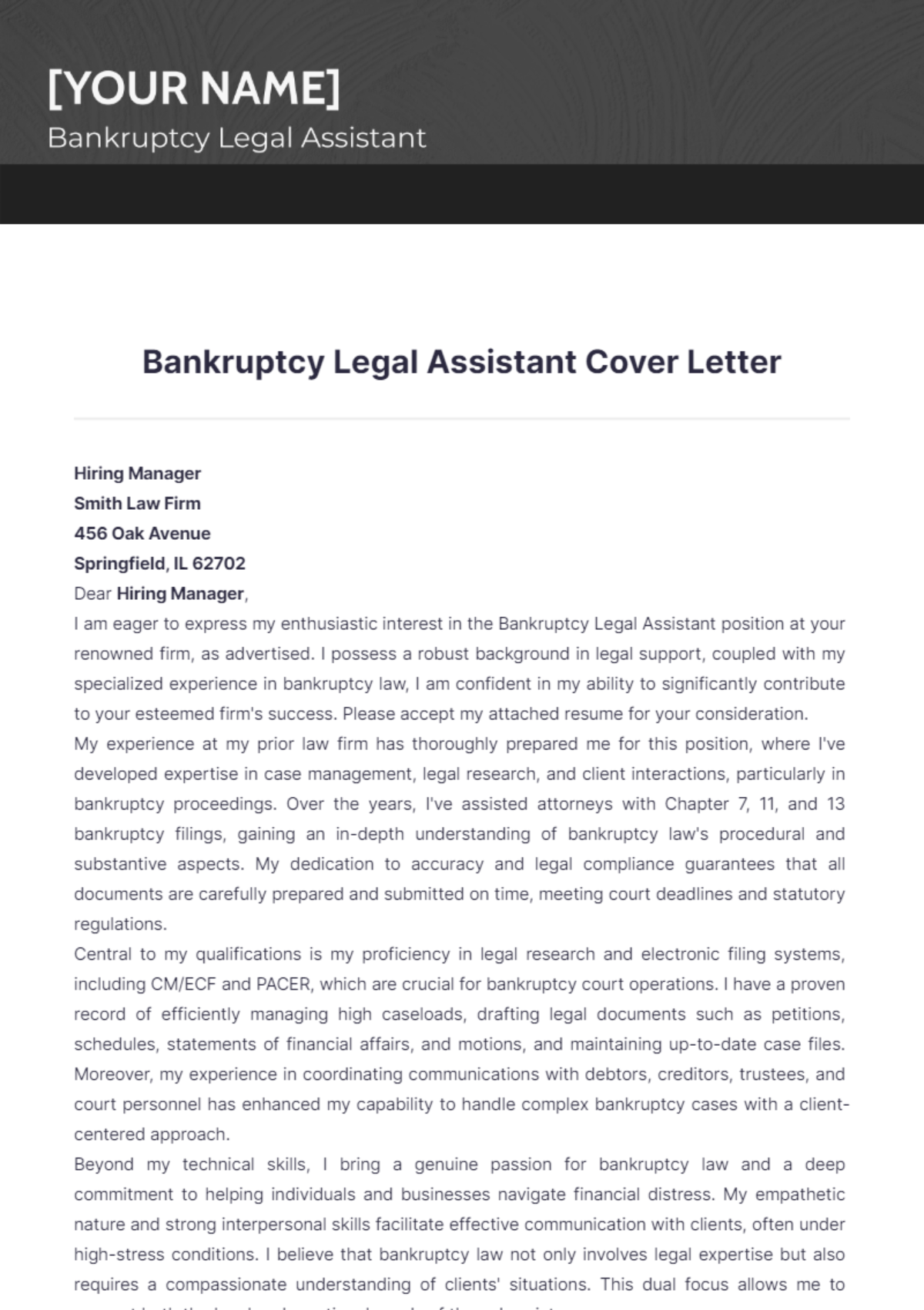 Bankruptcy Legal Assistant Cover Letter - Edit Online & Download