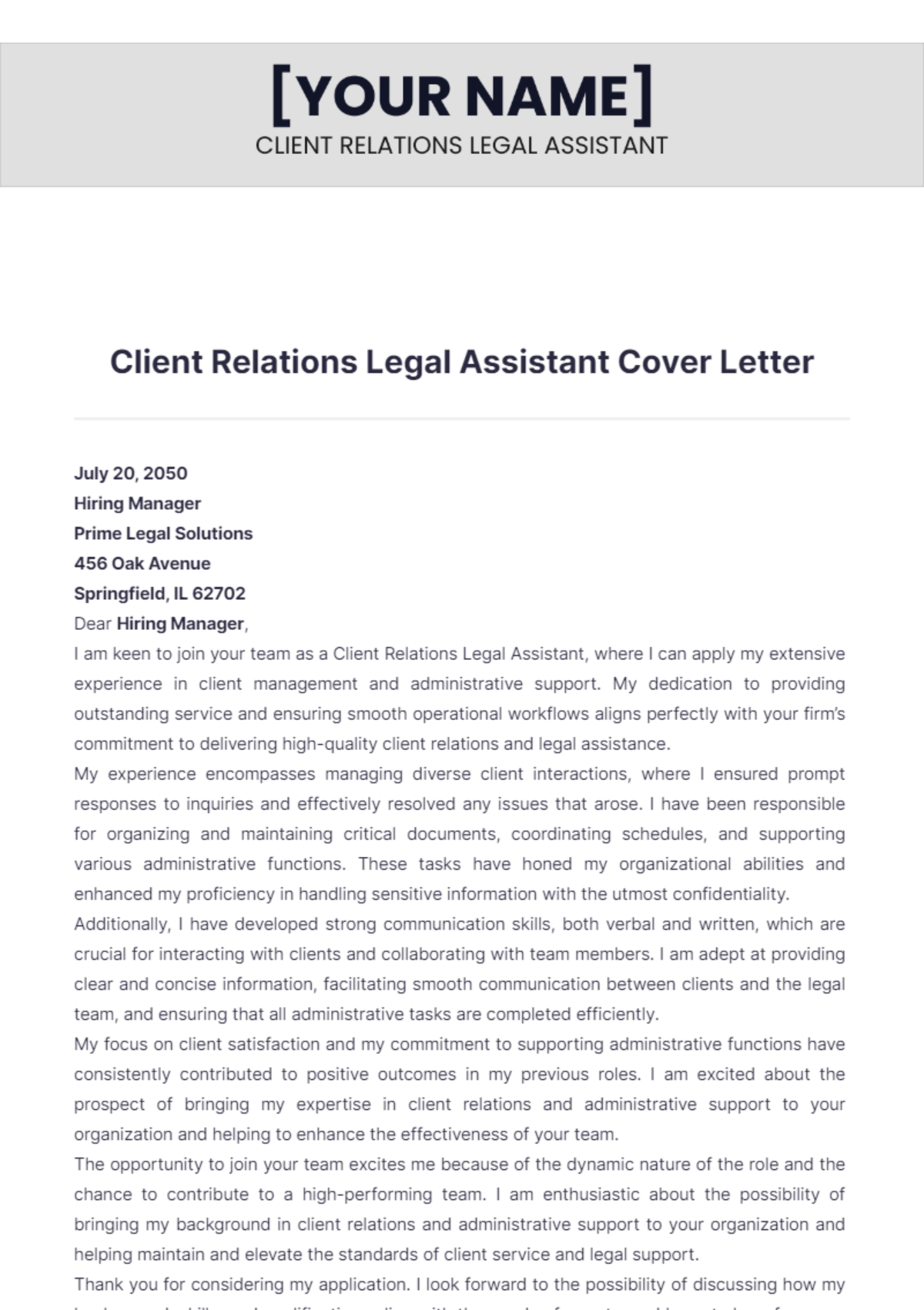 Client Relations Legal Assistant Cover Letter - Edit Online & Download