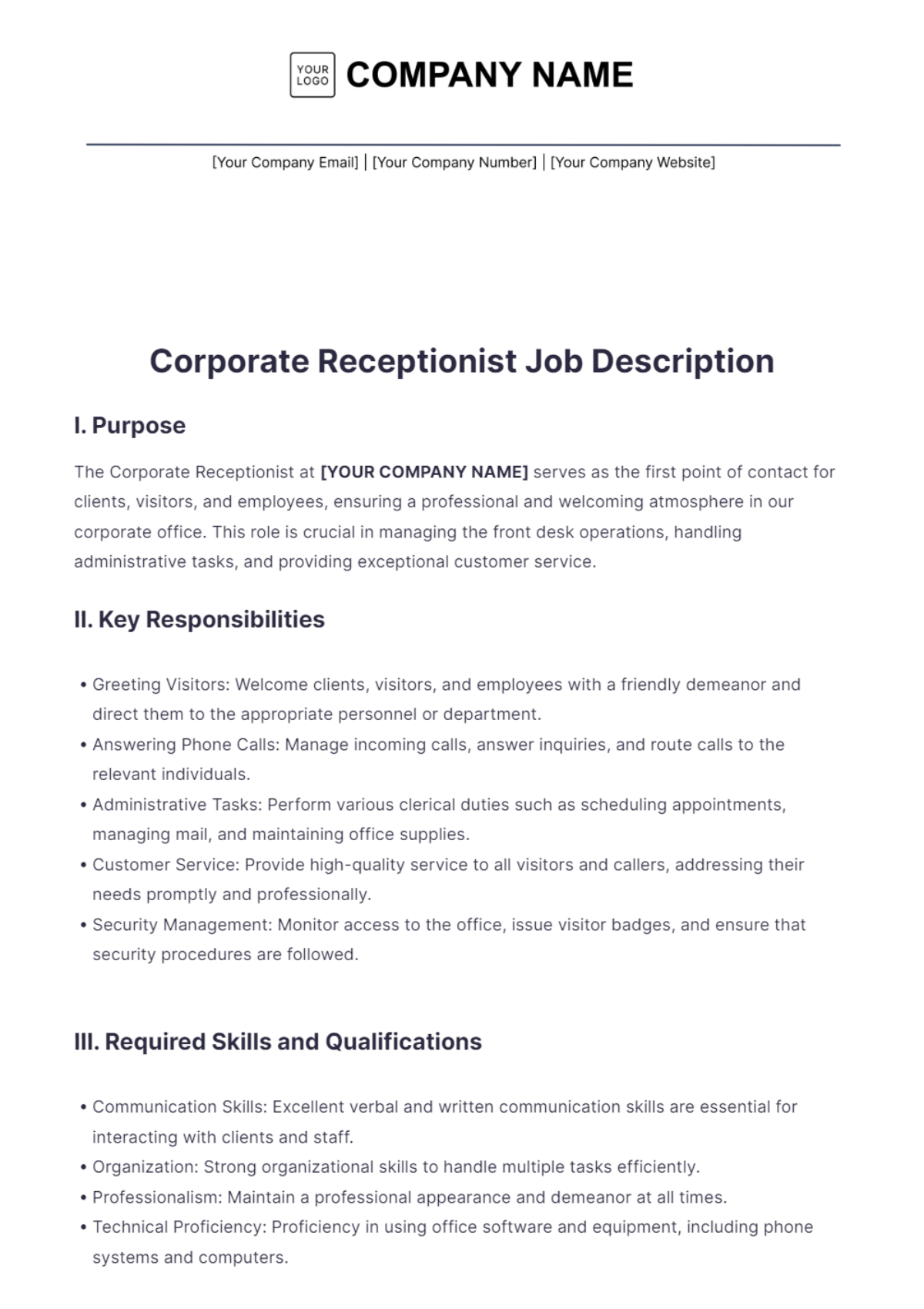 Corporate Receptionist Job Description Template - Edit Online & Download