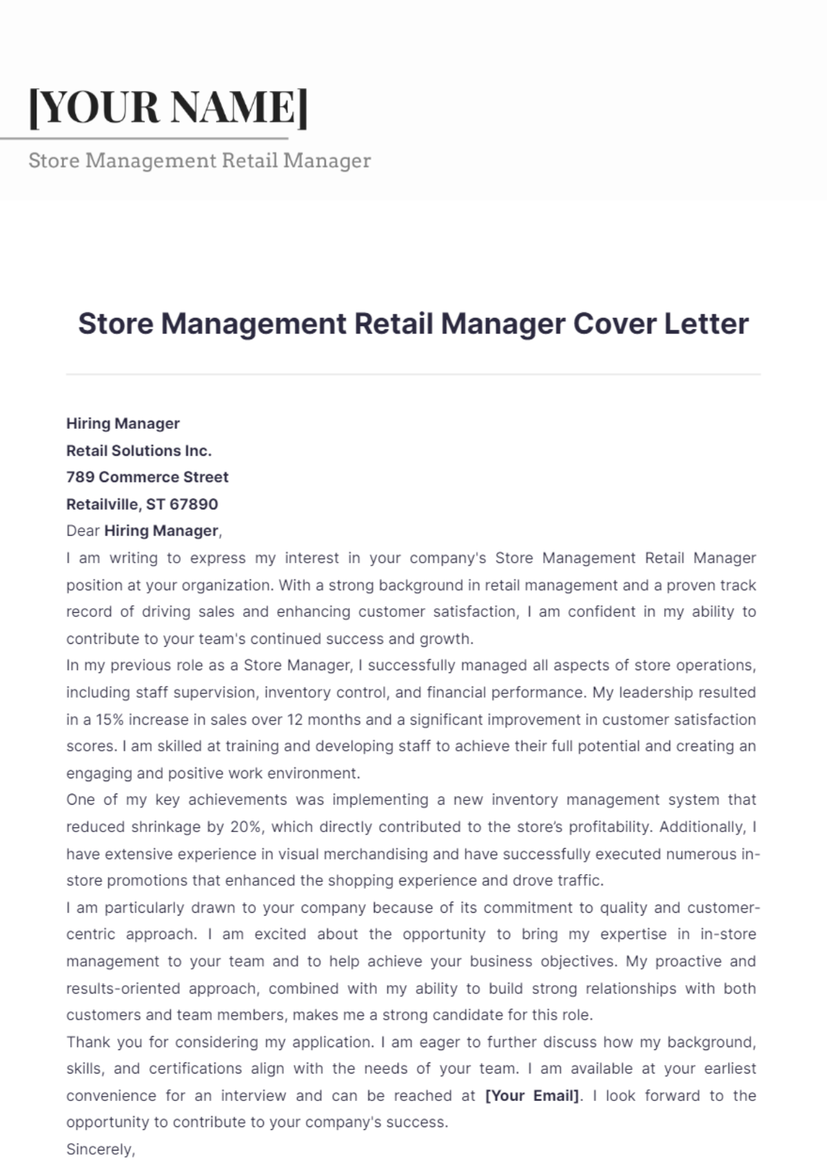 Store Management Retail Manager Cover Letter - Edit Online & Download