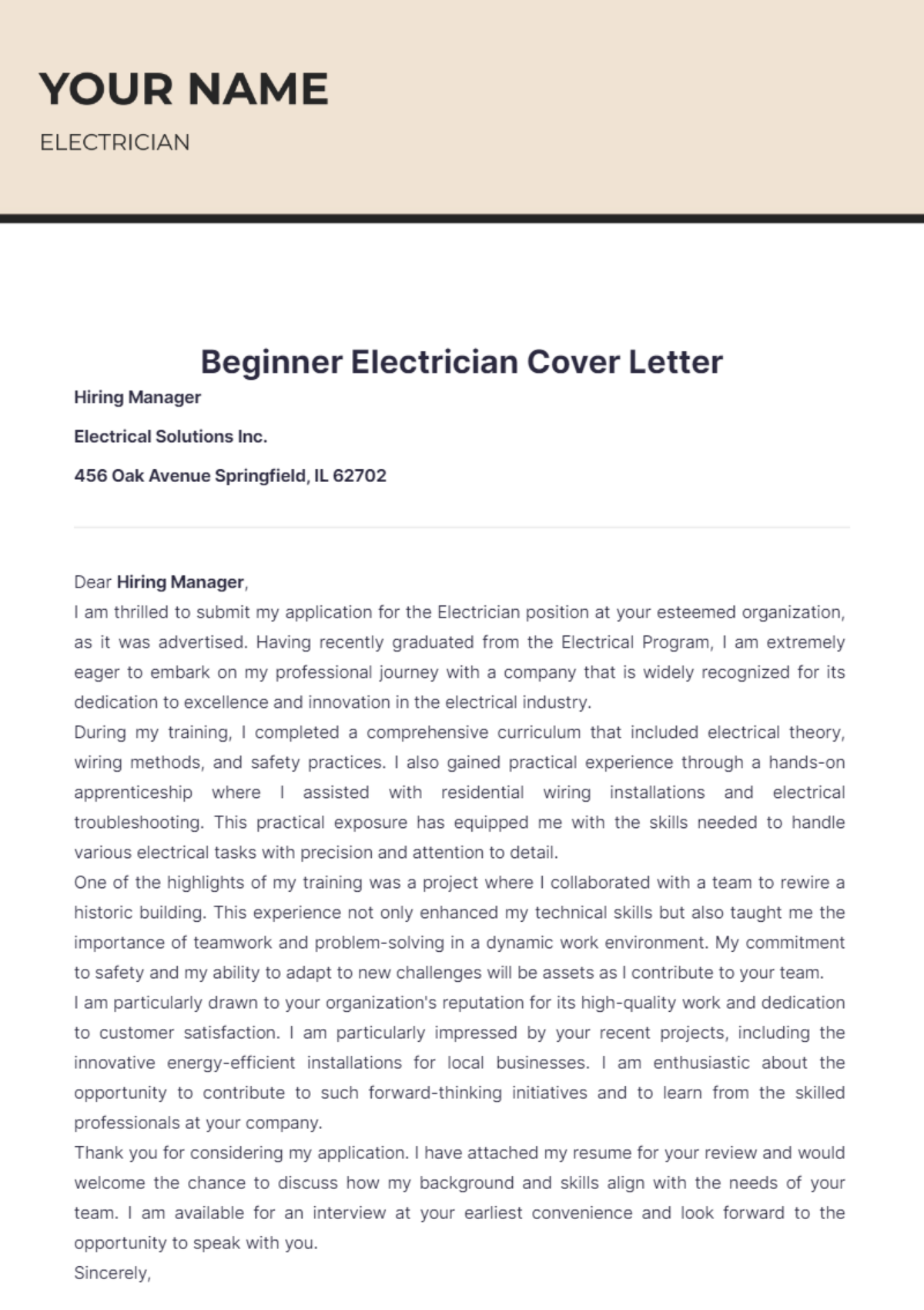 Beginner Electrician Cover Letter - Edit Online & Download