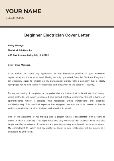 Free Beginner Electrician Cover Letter to Edit Online