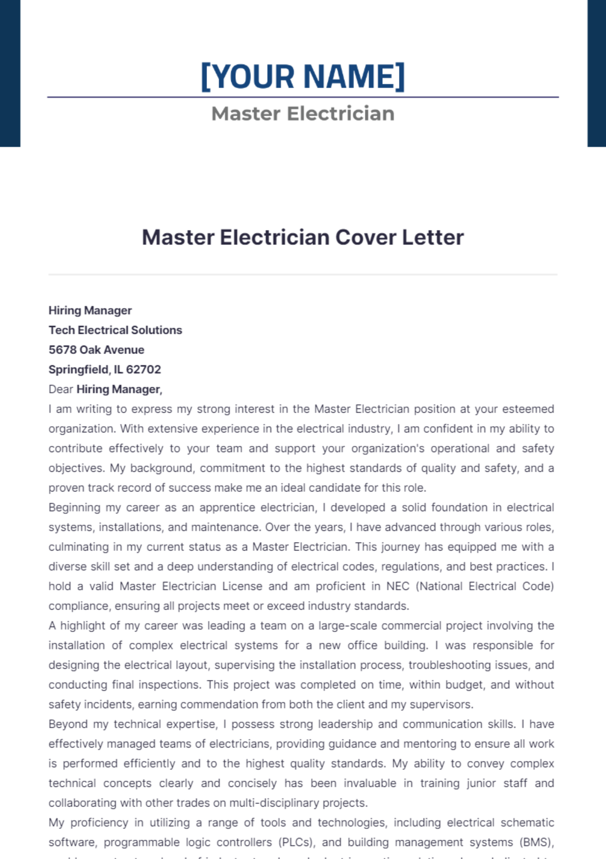 Master Electrician Cover Letter - Edit Online & Download