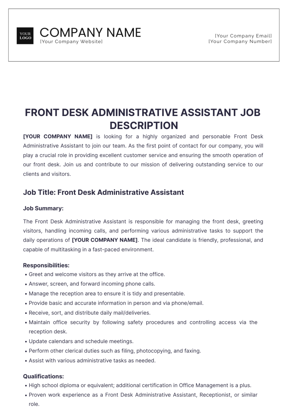 Front Desk Administrative Assistant Job Description Template - Edit Online & Download