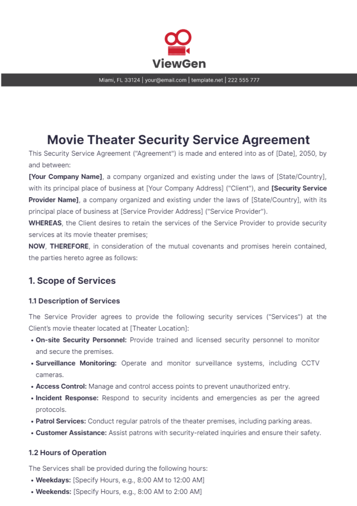 Movie Theater Security Service Agreement Template - Edit Online & Download