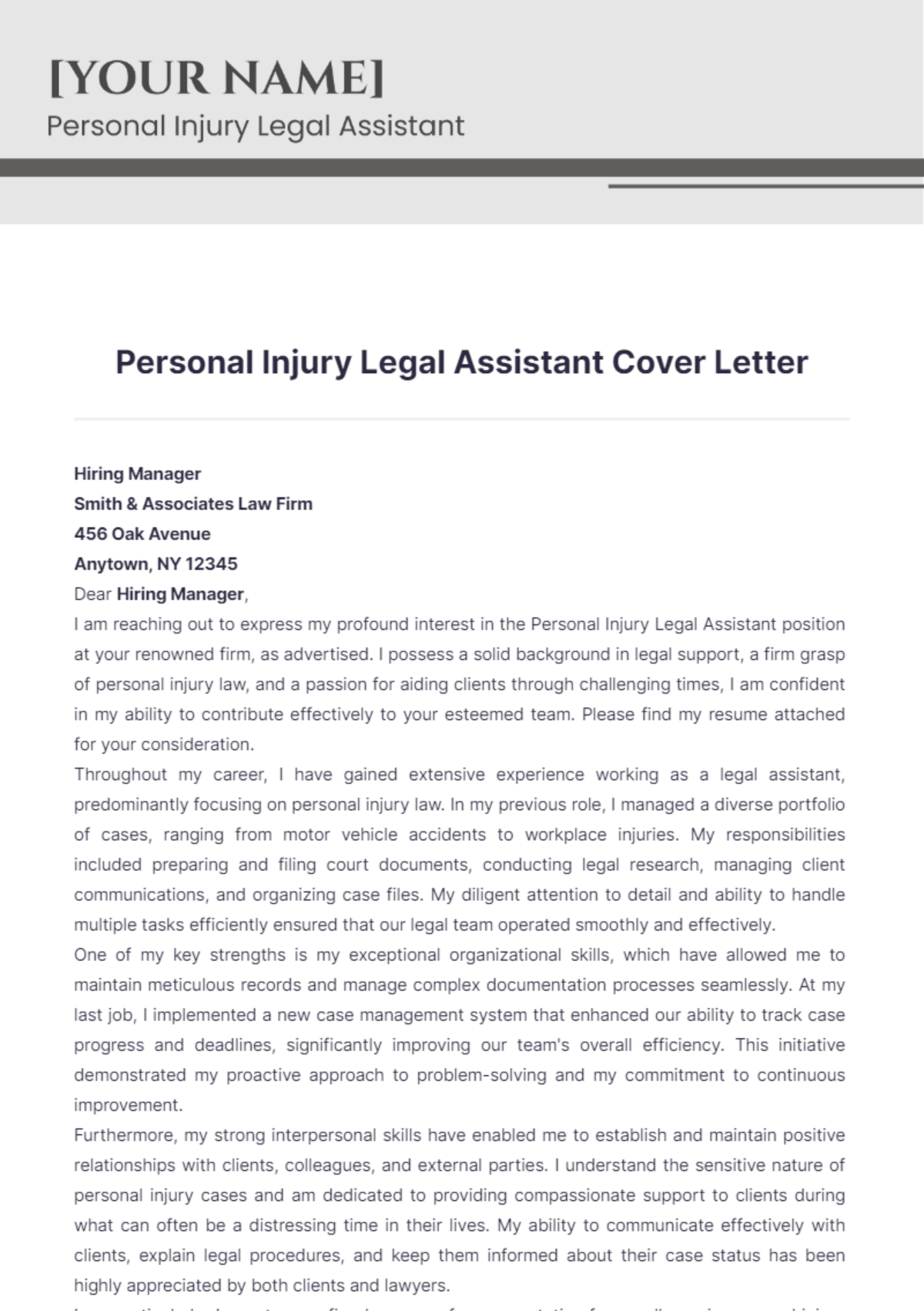 Personal Injury Legal Assistant Cover Letter - Edit Online & Download