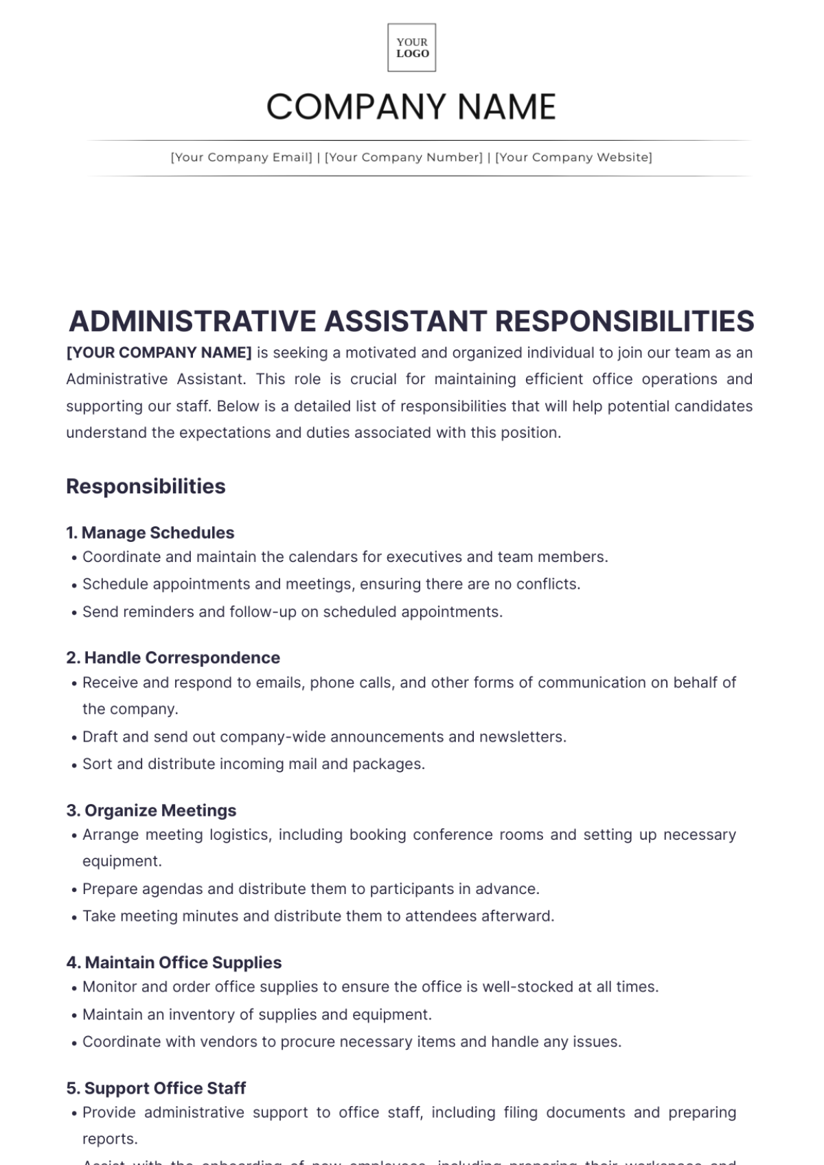 Administrative Assistant Responsibilities Template - Edit Online & Download