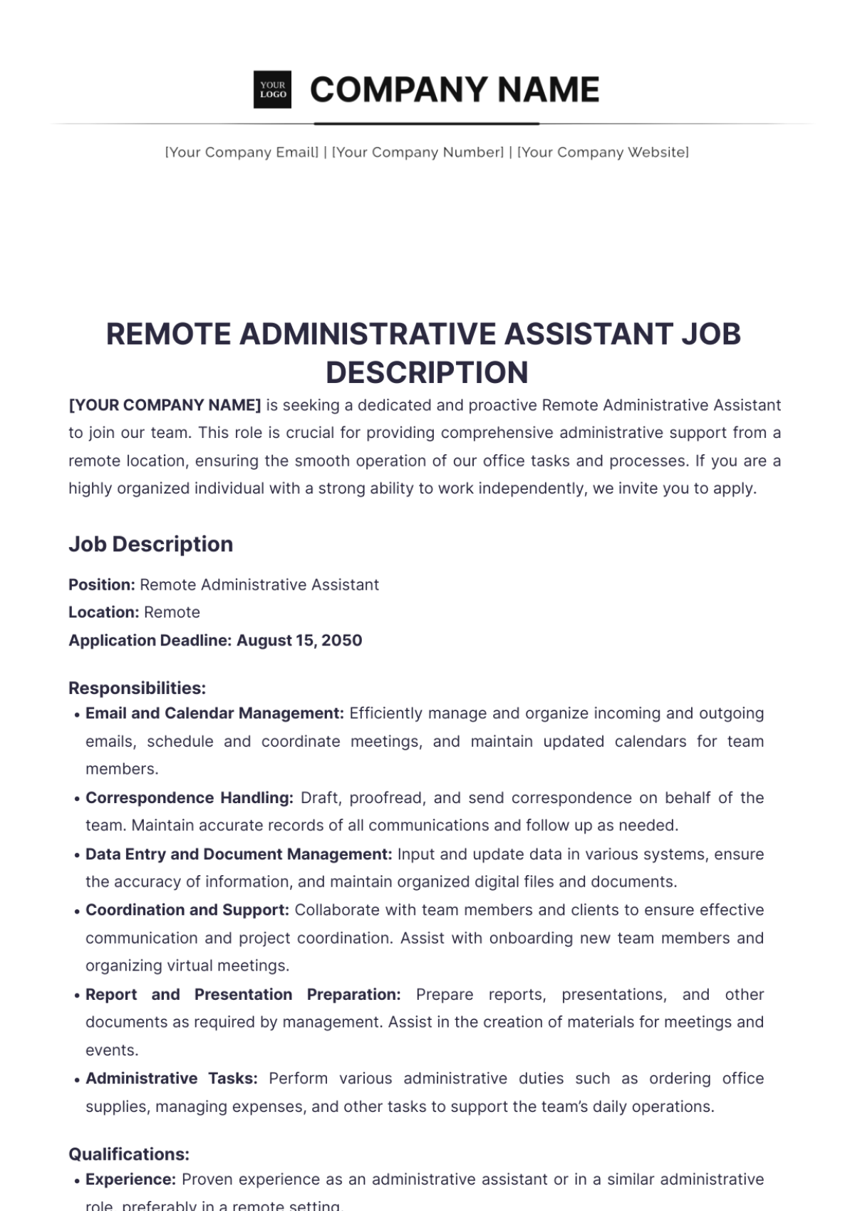 Remote Administrative Assistant Job Description Template - Edit Online & Download