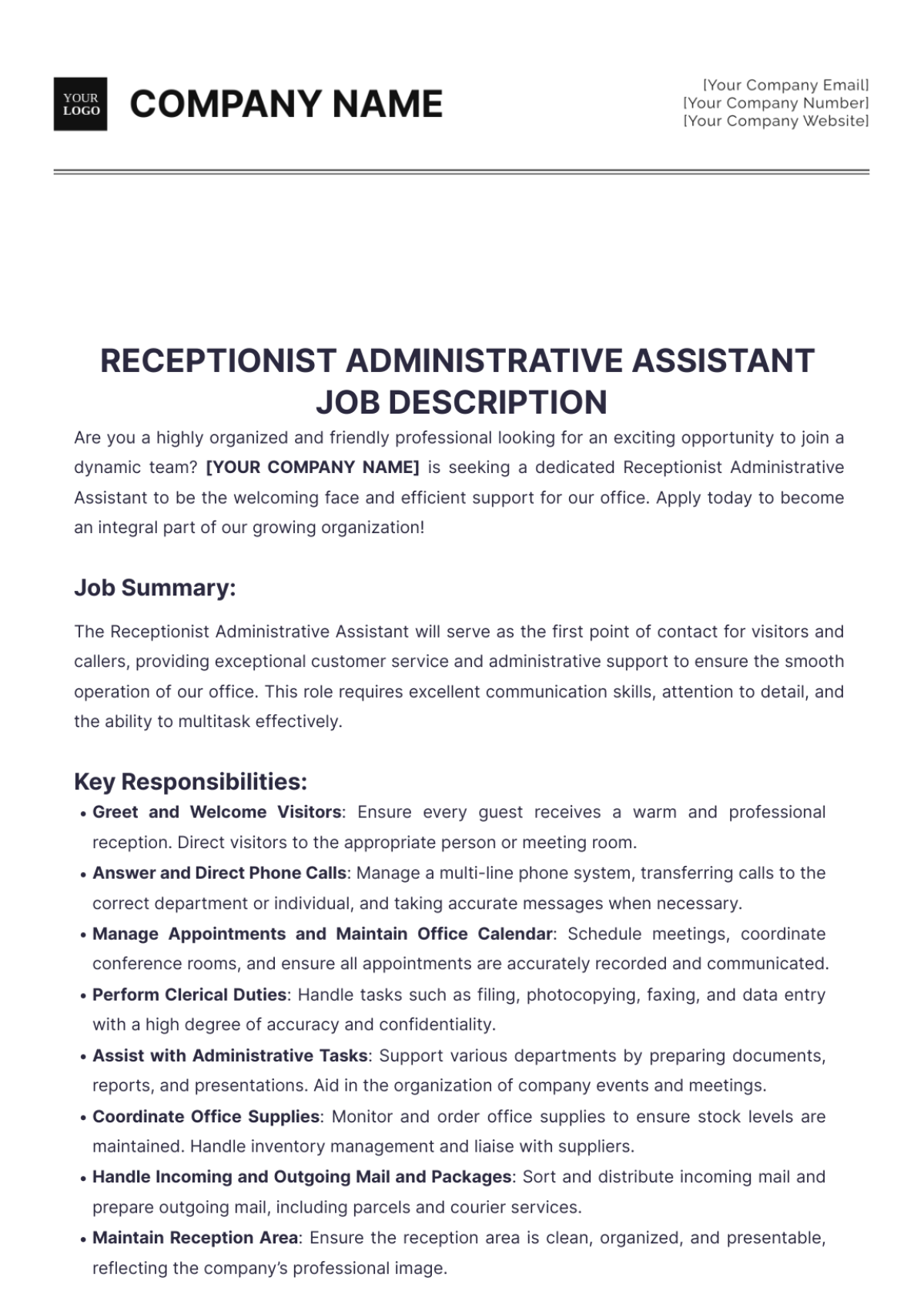 Receptionist Administrative Assistant Job Description Template - Edit Online & Download