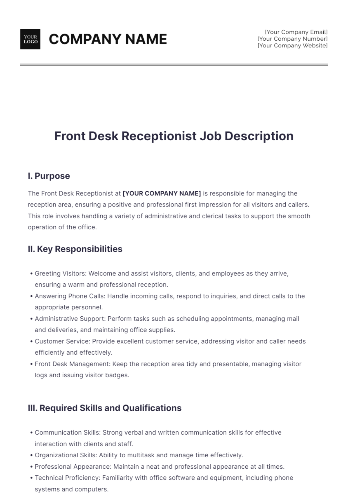 Front Desk Receptionist Job Description Template - Edit Online & Download