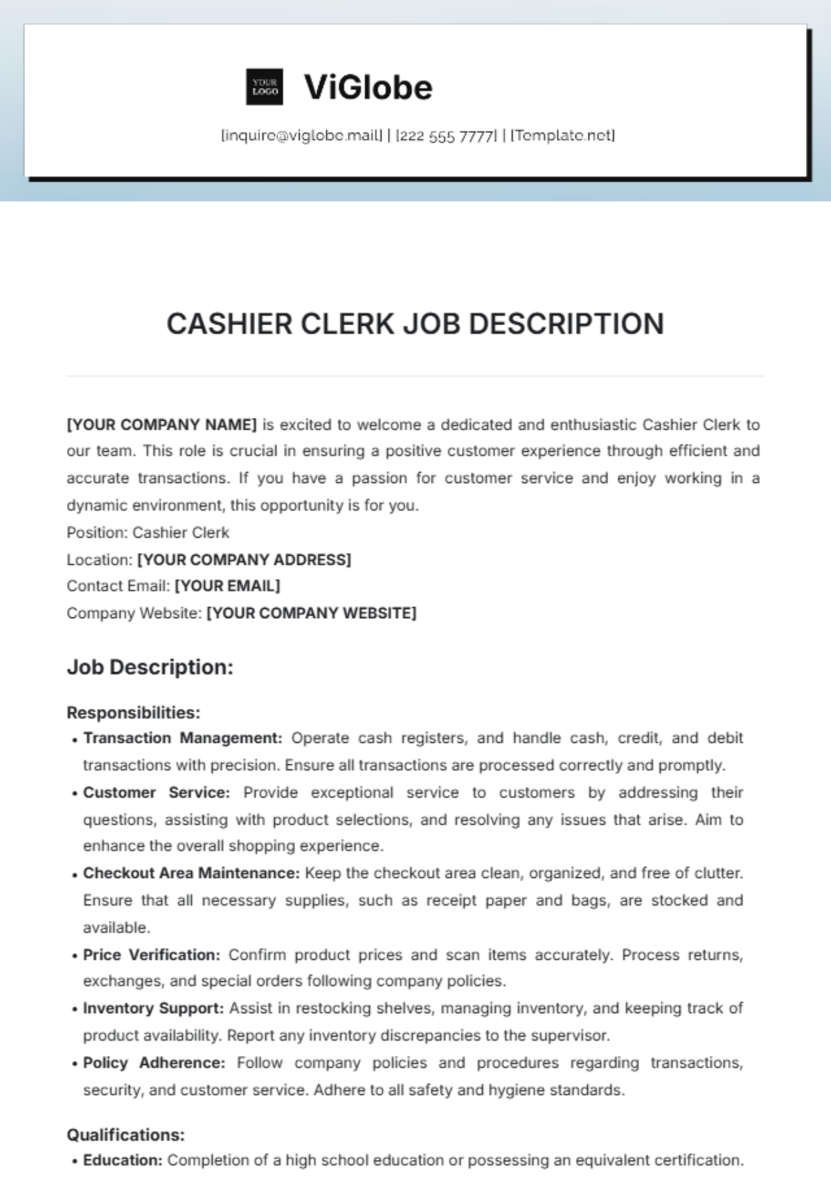 Cashier Clerk Job Description Template - Edit Online & Download