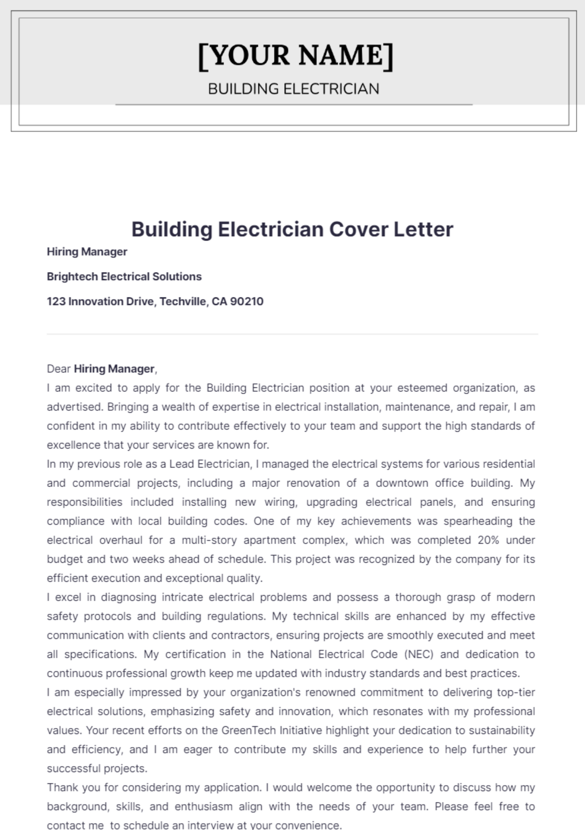 Building Electrician Cover Letter - Edit Online & Download