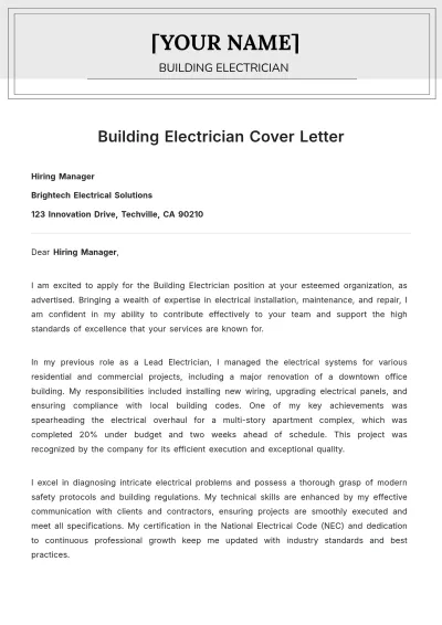 Free Building Electrician Cover Letter to Edit Online