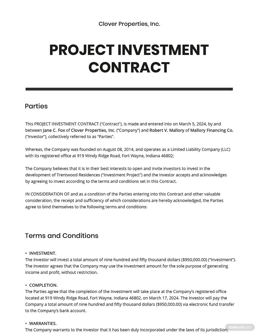 Project Investment Contract Template