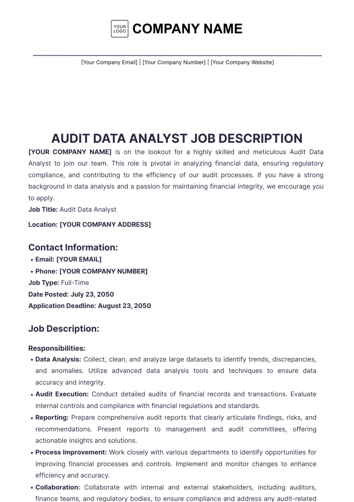 Audit Data Analyst Job Description Template - Edit Online & Download