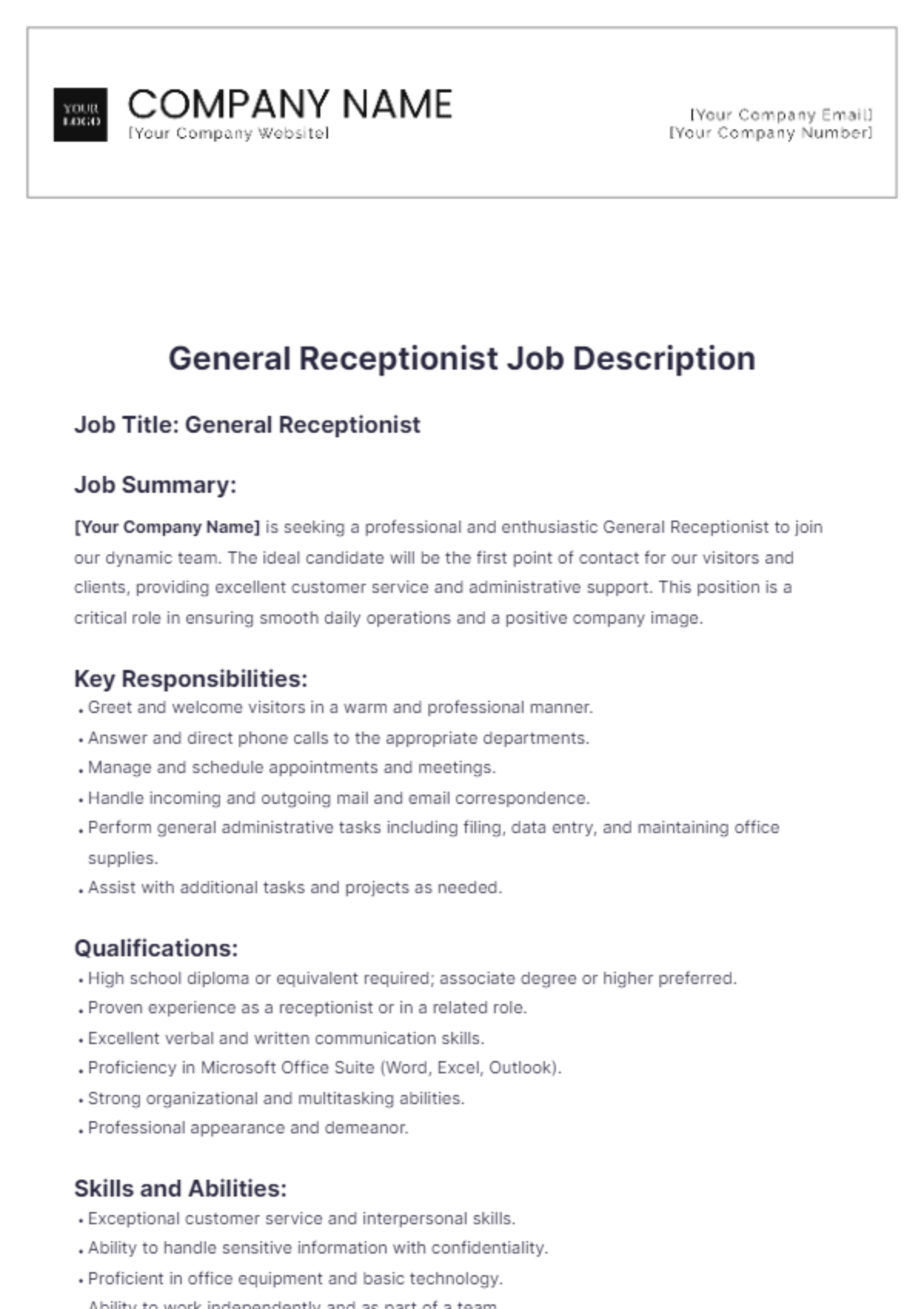 General Receptionist Job Description Template - Edit Online & Download