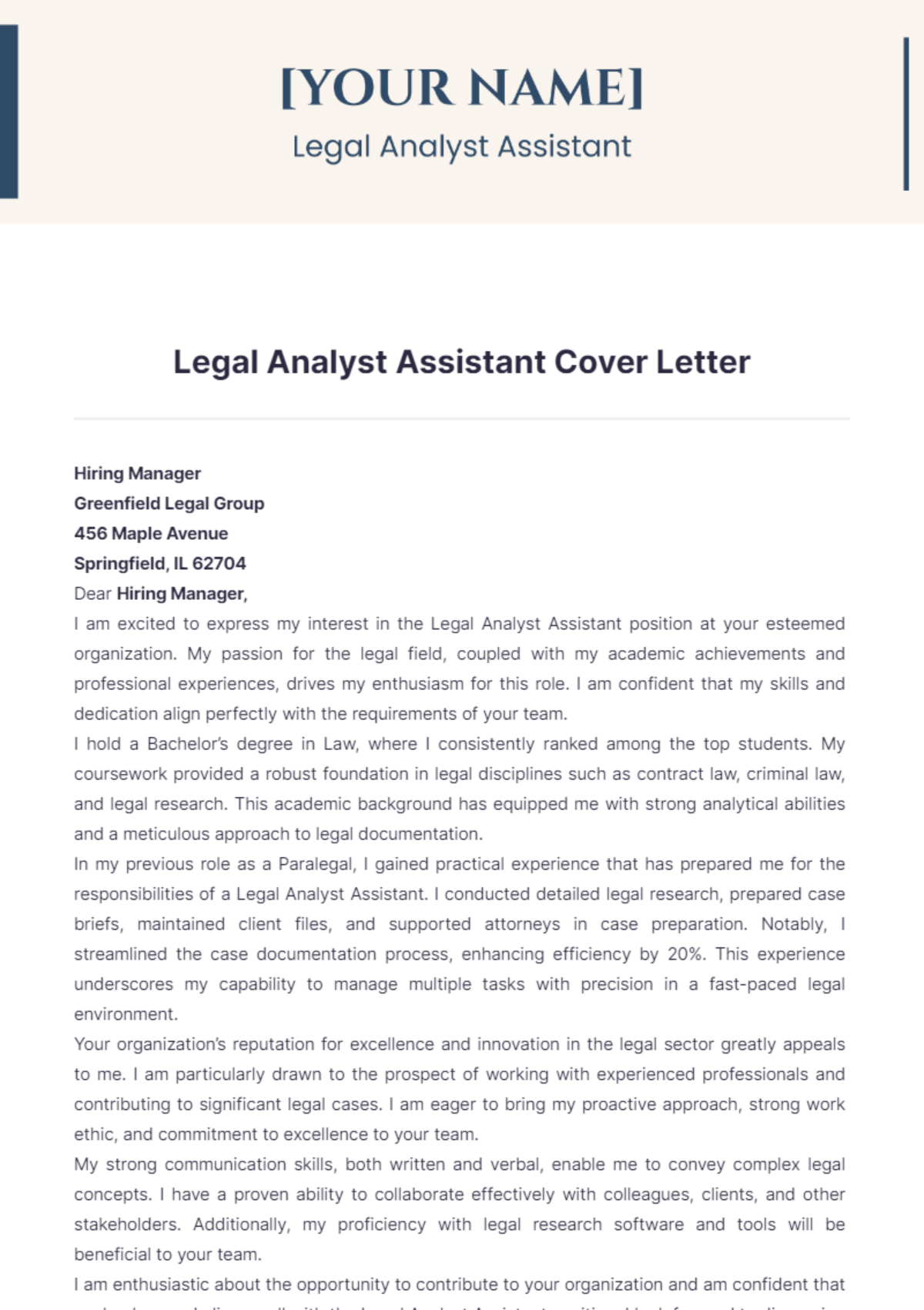 Legal Analyst Assistant Cover Letter - Edit Online & Download