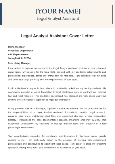 Free Legal Analyst Assistant Cover Letter to Edit Online