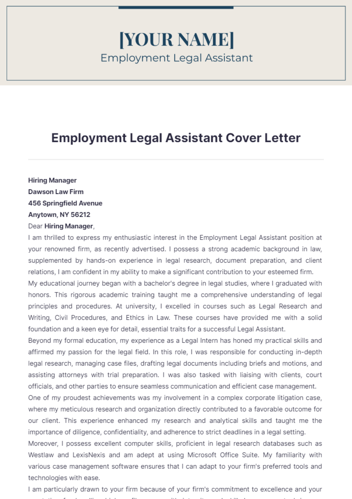 Employment Legal Assistant Cover Letter - Edit Online & Download