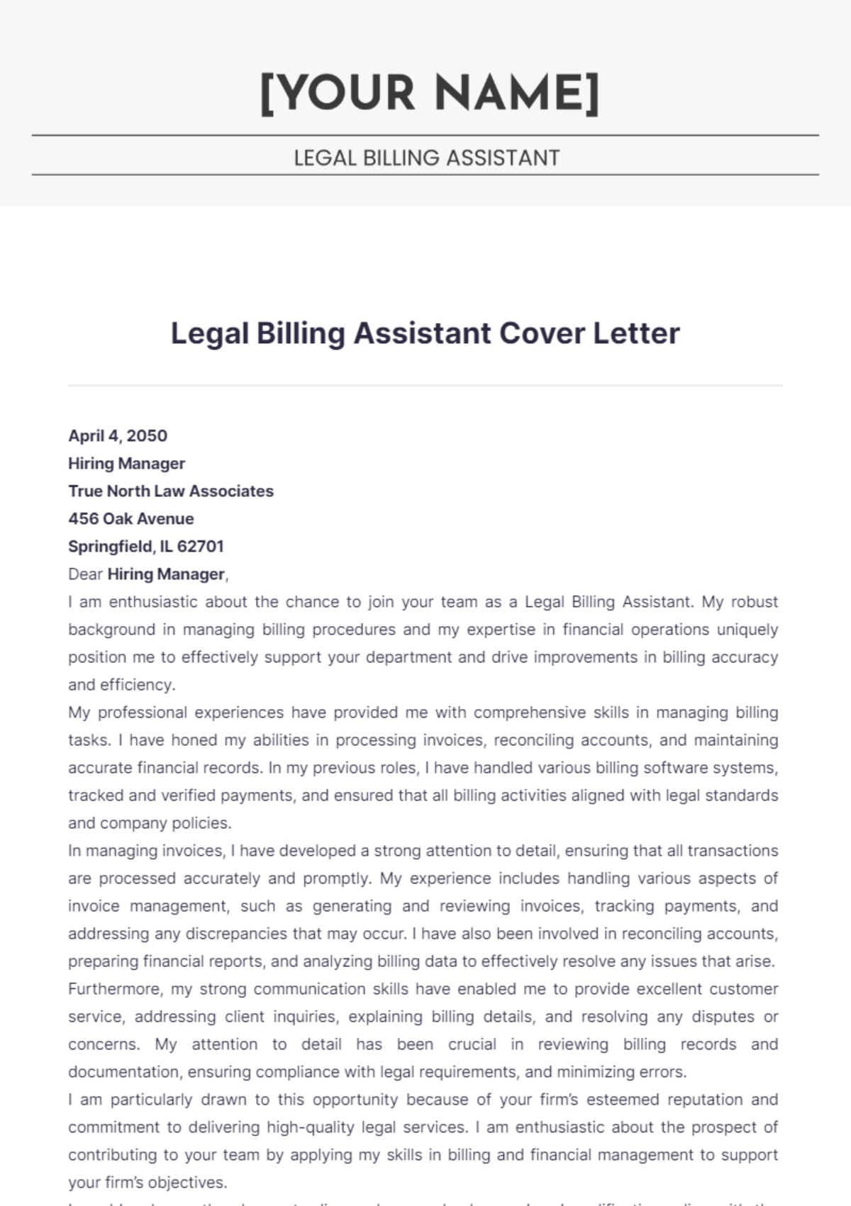 Legal Billing Assistant Cover Letter - Edit Online & Download