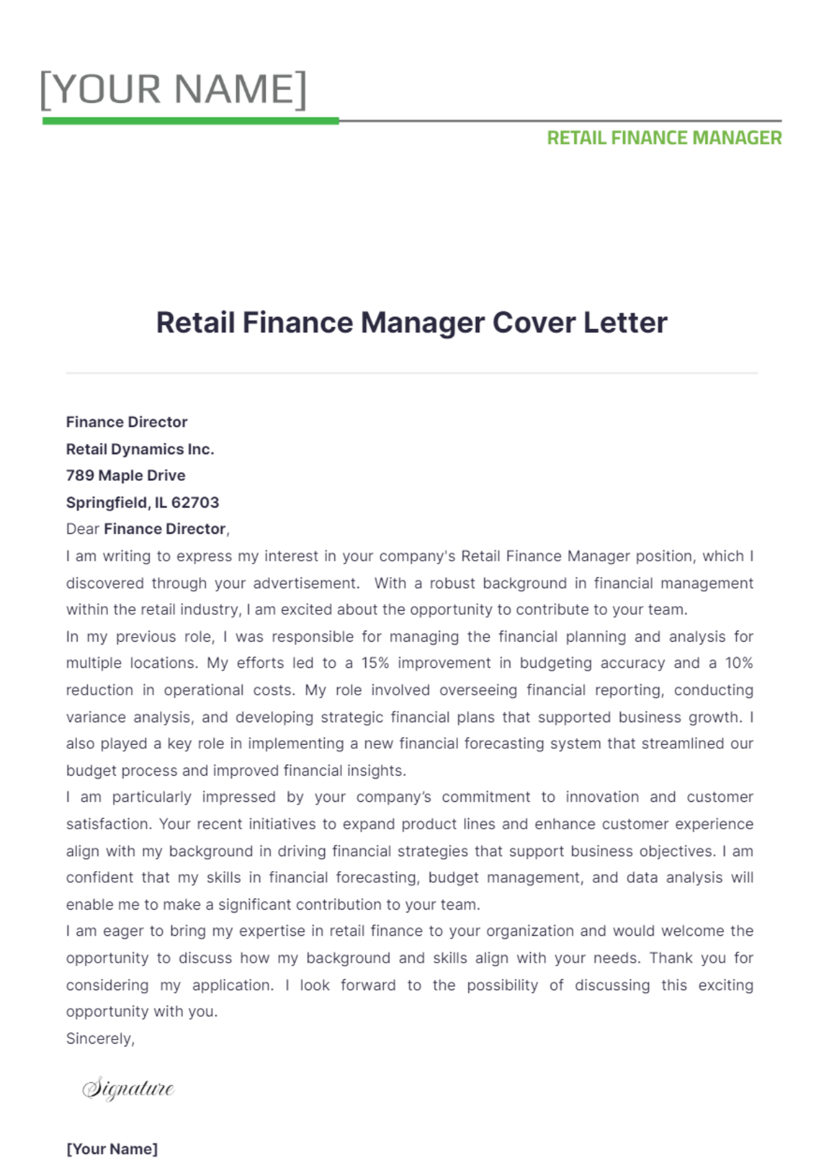 Retail Finance Manager Cover Letter - Edit Online & Download