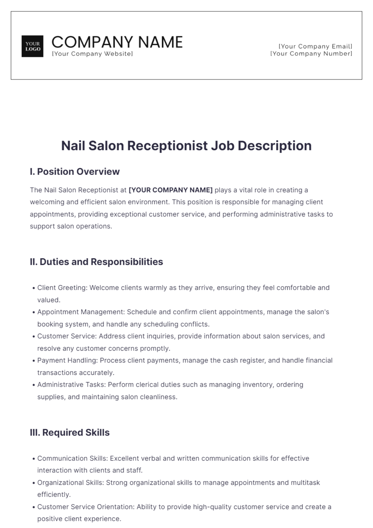 Nail Salon Receptionist Job Description Template - Edit Online & Download