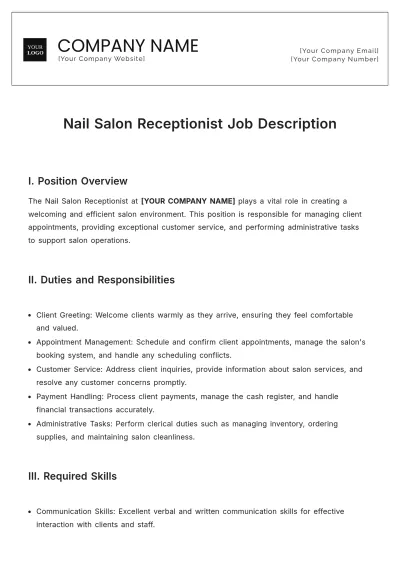 Free Nail Salon Receptionist Job Description Template to Edit Online