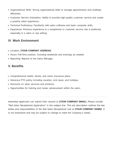 Free Nail Salon Receptionist Job Description Template to Edit Online