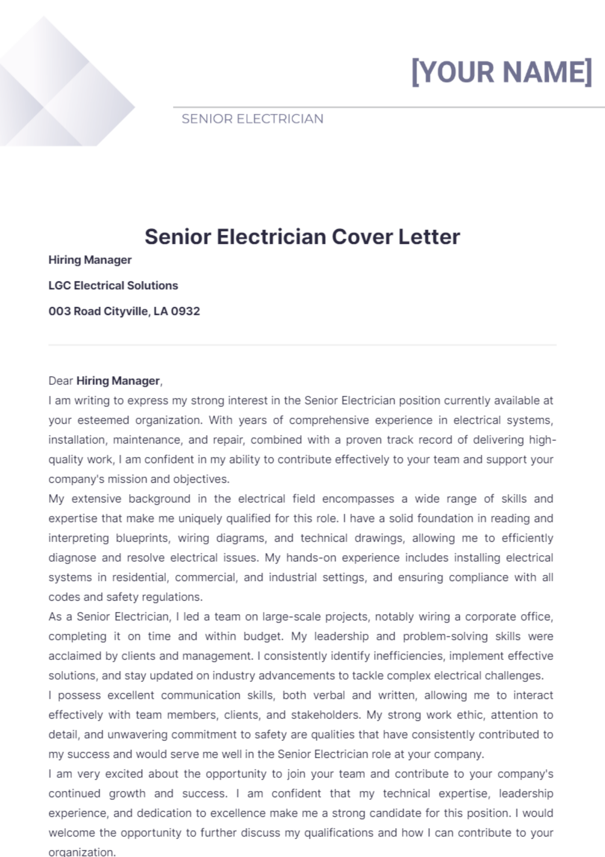 Senior Electrician Cover Letter - Edit Online & Download